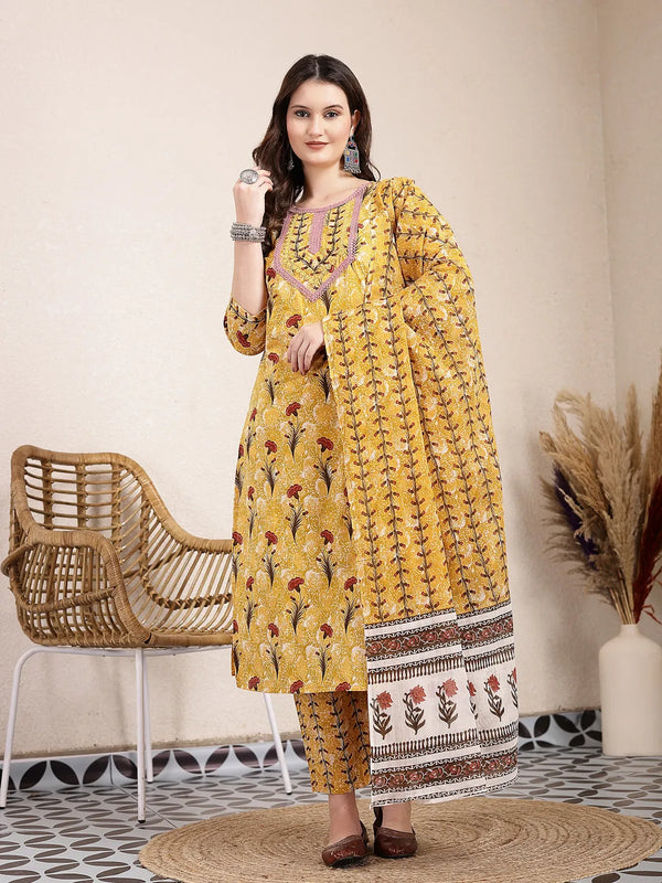 Yufta Mustard Cotton Lace Work On Yoke Straight Kurta Dupatta Pant Set