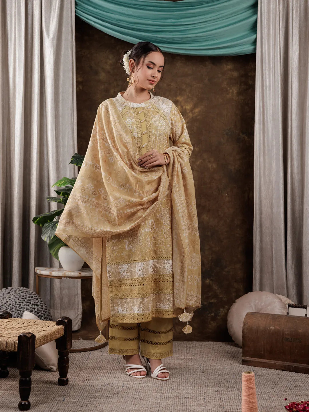 Yufta Mustard Cotton Schiffli Kurta Dupatta Set With Lace Detailing