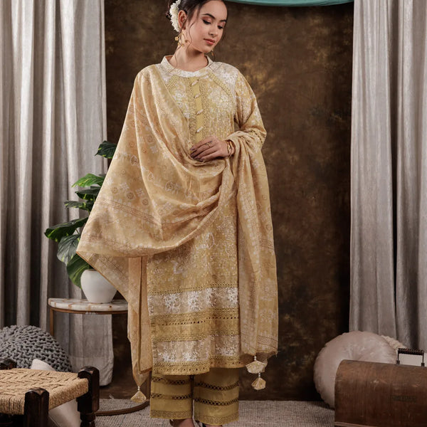 Yufta Mustard Cotton Schiffli Kurta Dupatta Set With Lace Detailing - Distacart