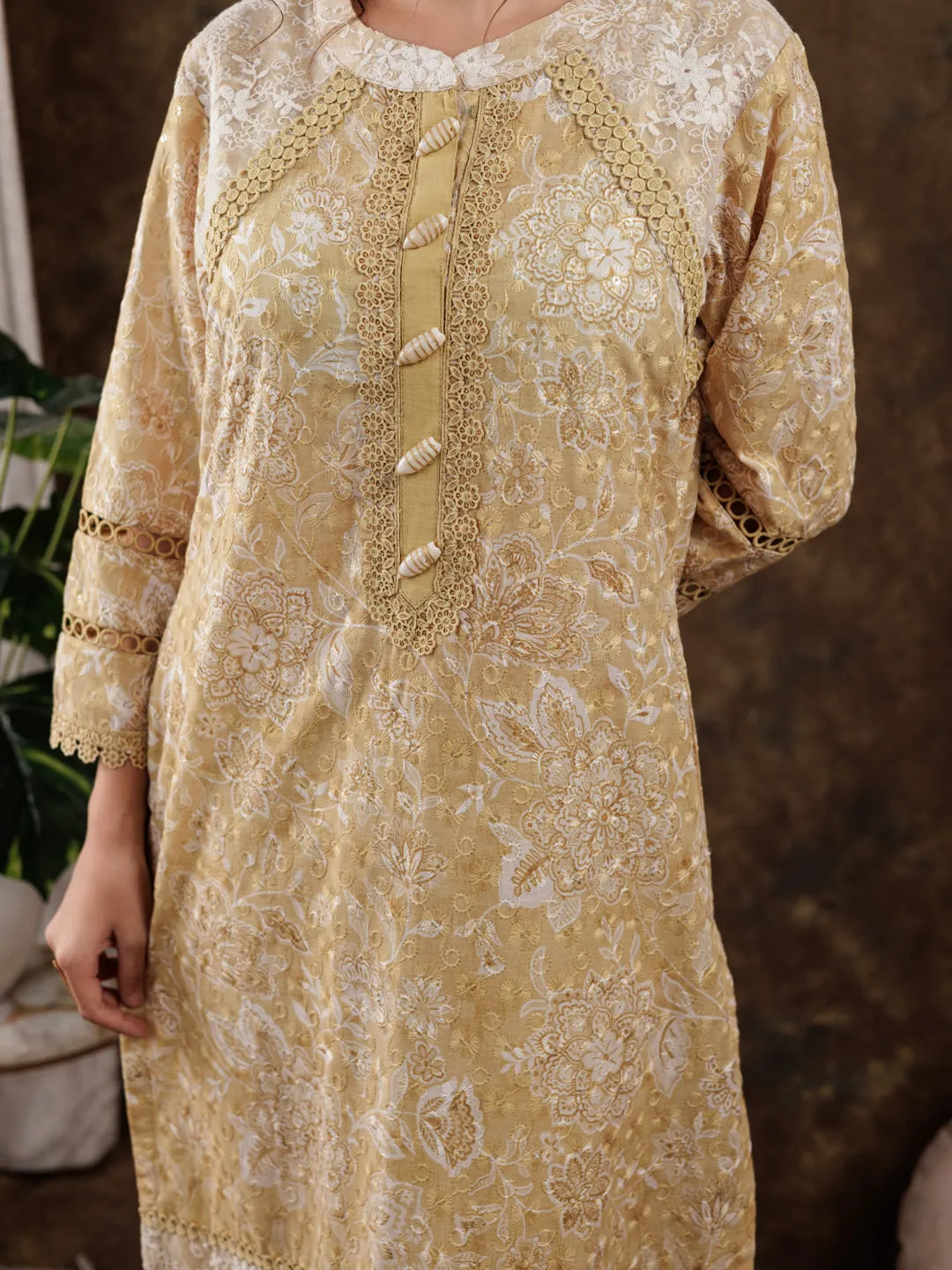 Yufta Mustard Cotton Schiffli Kurta Dupatta Set With Lace Detailing