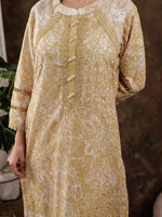 Thumbnail for Yufta Mustard Cotton Schiffli Kurta Dupatta Set With Lace Detailing