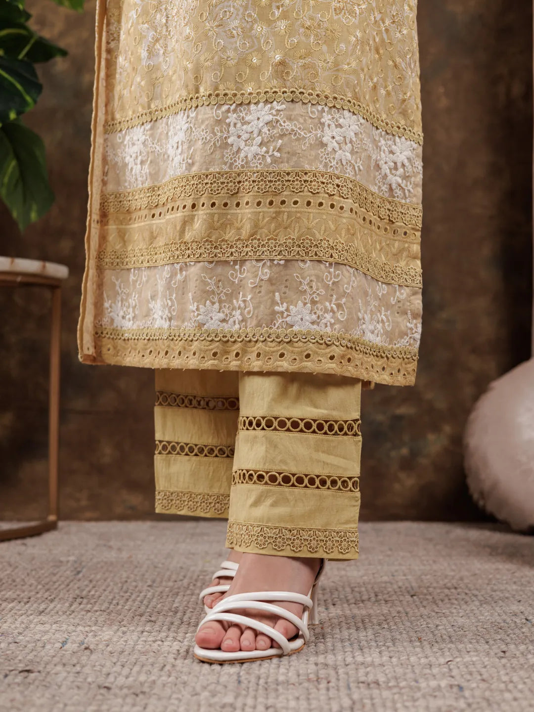 Yufta Mustard Cotton Schiffli Kurta Dupatta Set With Lace Detailing