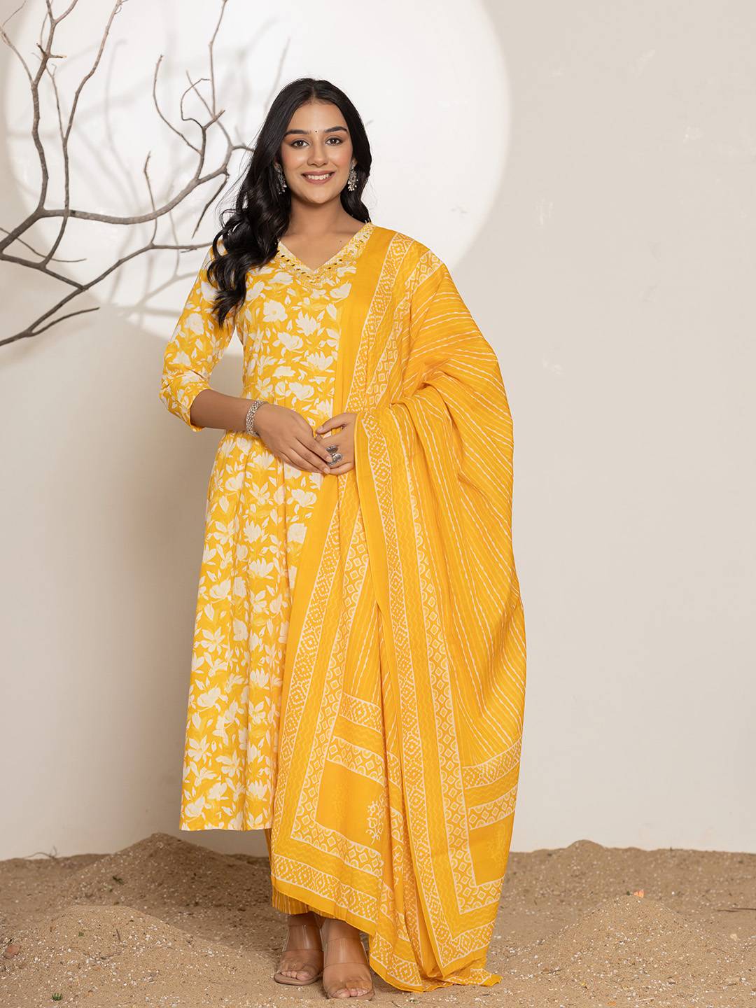 Yufta Mustard Embroidery Cotton Anarkali Suit Set - Distacart