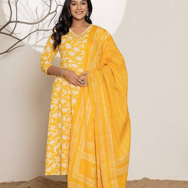 Yufta Mustard Embroidery Cotton Anarkali Suit Set - Distacart