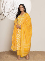 Thumbnail for Yufta Mustard Embroidery Cotton Anarkali Suit Set