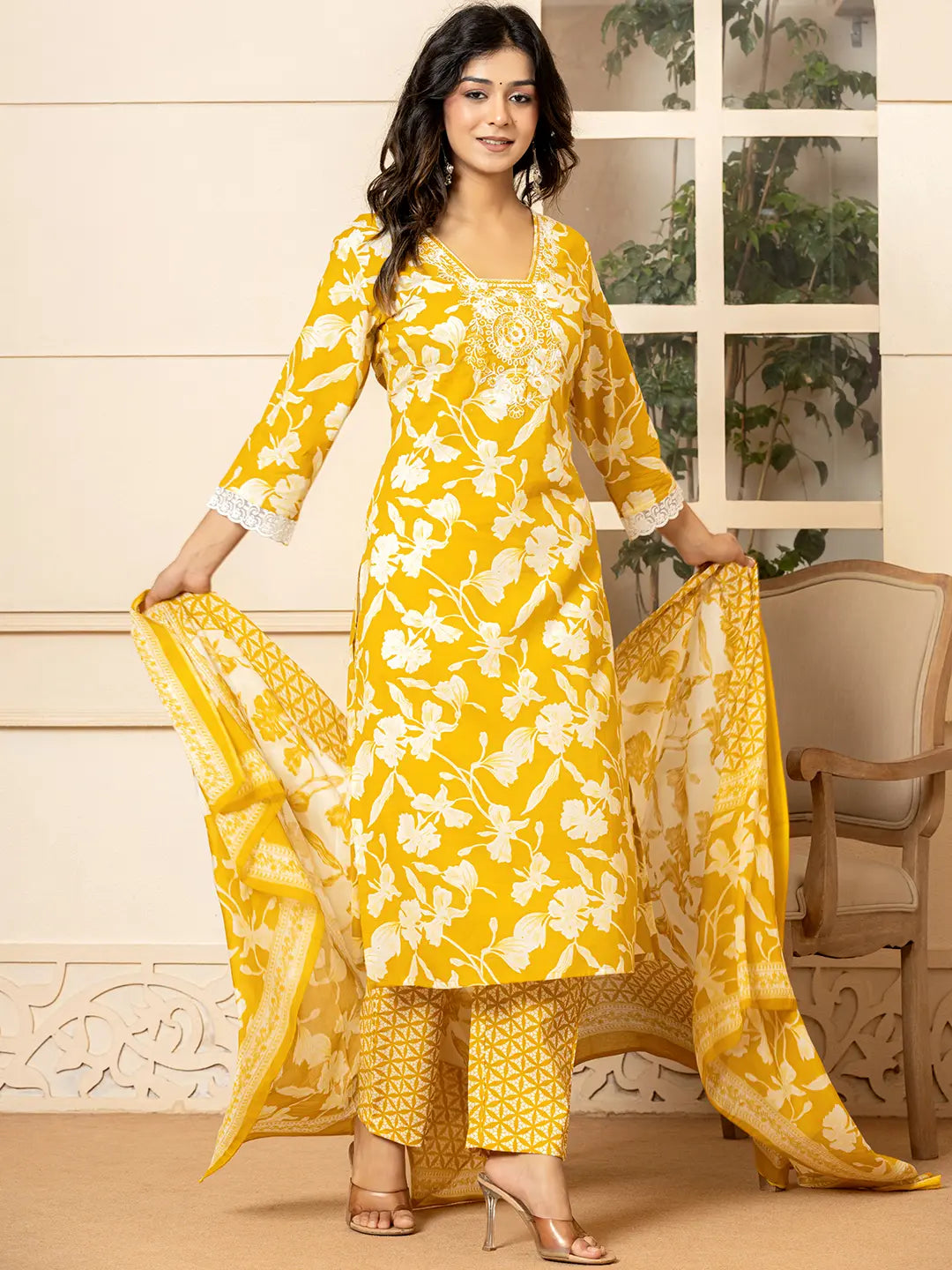 Yufta Mustard Embroidery Cotton Straight Kurta Dupatta Set
