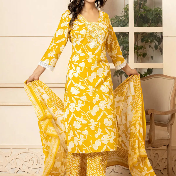 Yufta Mustard Embroidery Cotton Straight Kurta Dupatta Set - Distacart