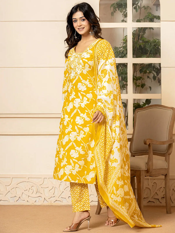 Yufta Mustard Embroidery Cotton Straight Kurta Dupatta Set