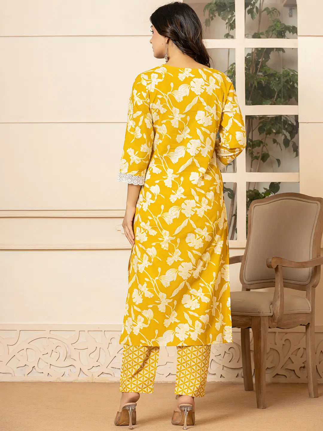 Yufta Mustard Embroidery Cotton Straight Kurta Dupatta Set