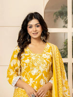 Thumbnail for Yufta Mustard Embroidery Cotton Straight Kurta Dupatta Set