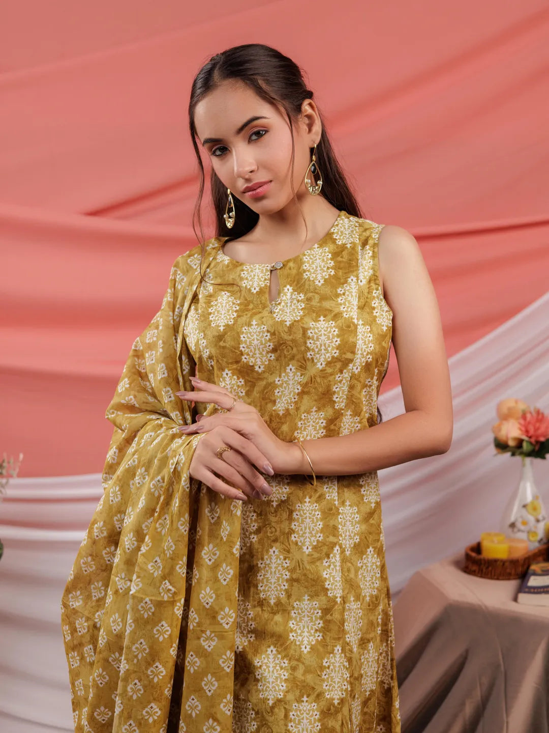 Yufta Mustard Ethnic Motifs Cotton A-Line Kurta Trouser & Dupatta Set - Distacart