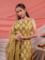 Thumbnail for Yufta Mustard Ethnic Motifs Cotton A-Line Kurta Trouser & Dupatta Set