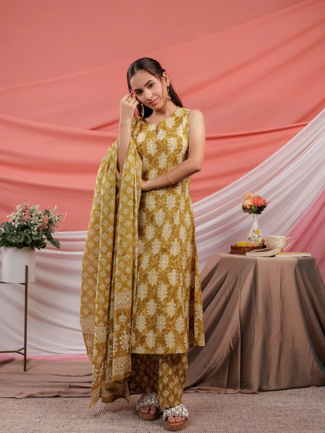 Yufta Mustard Ethnic Motifs Cotton A-Line Kurta Trouser & Dupatta Set - Distacart