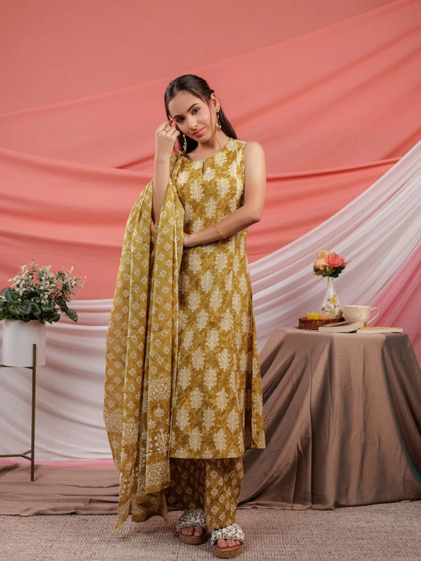 Yufta Mustard Ethnic Motifs Cotton A-Line Kurta Trouser & Dupatta Set