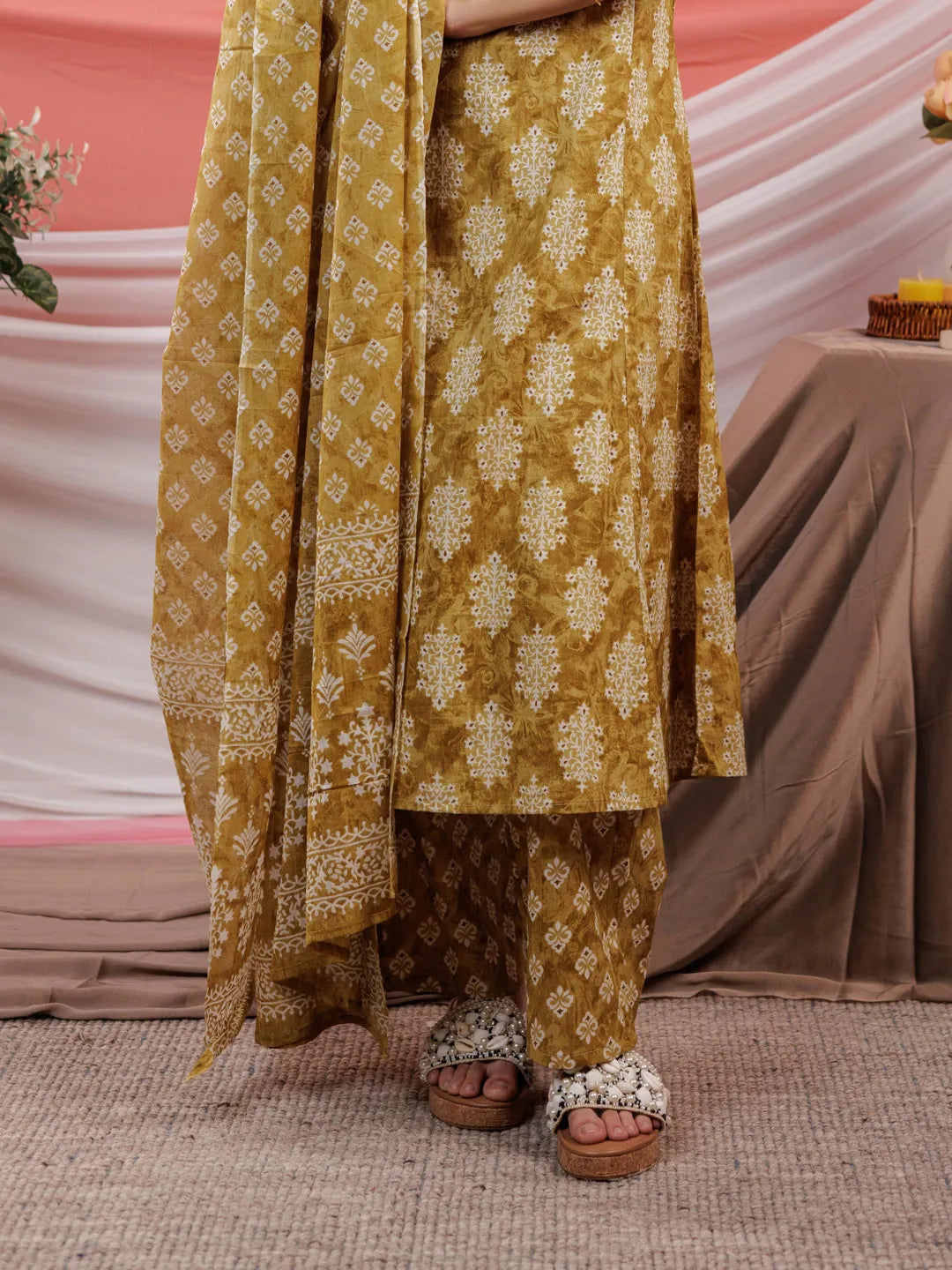 Yufta Mustard Ethnic Motifs Cotton A-Line Kurta Trouser & Dupatta Set