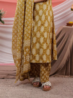 Thumbnail for Yufta Mustard Ethnic Motifs Cotton A-Line Kurta Trouser & Dupatta Set