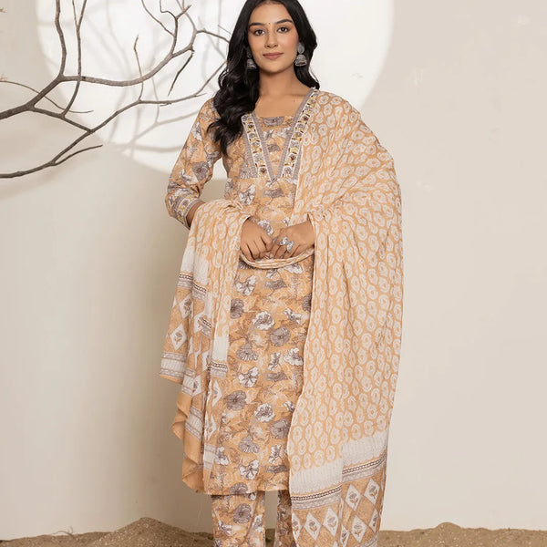 Yufta Mustard Floral Print Cotton Straight Kurta Dupatta Set - Distacart