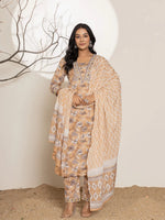 Thumbnail for Yufta Mustard Floral Print Cotton Straight Kurta Dupatta Set