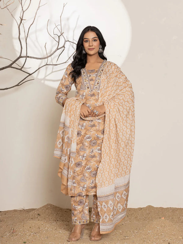 Yufta Mustard Floral Print Cotton Straight Kurta Dupatta Set