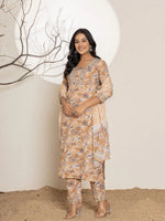 Thumbnail for Yufta Mustard Floral Print Cotton Straight Kurta Dupatta Set