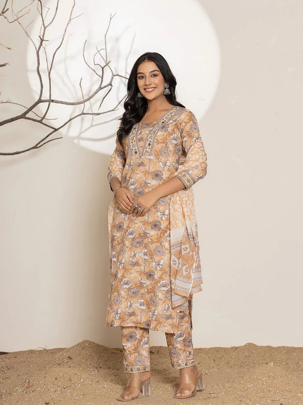 Yufta Mustard Floral Print Cotton Straight Kurta Dupatta Set