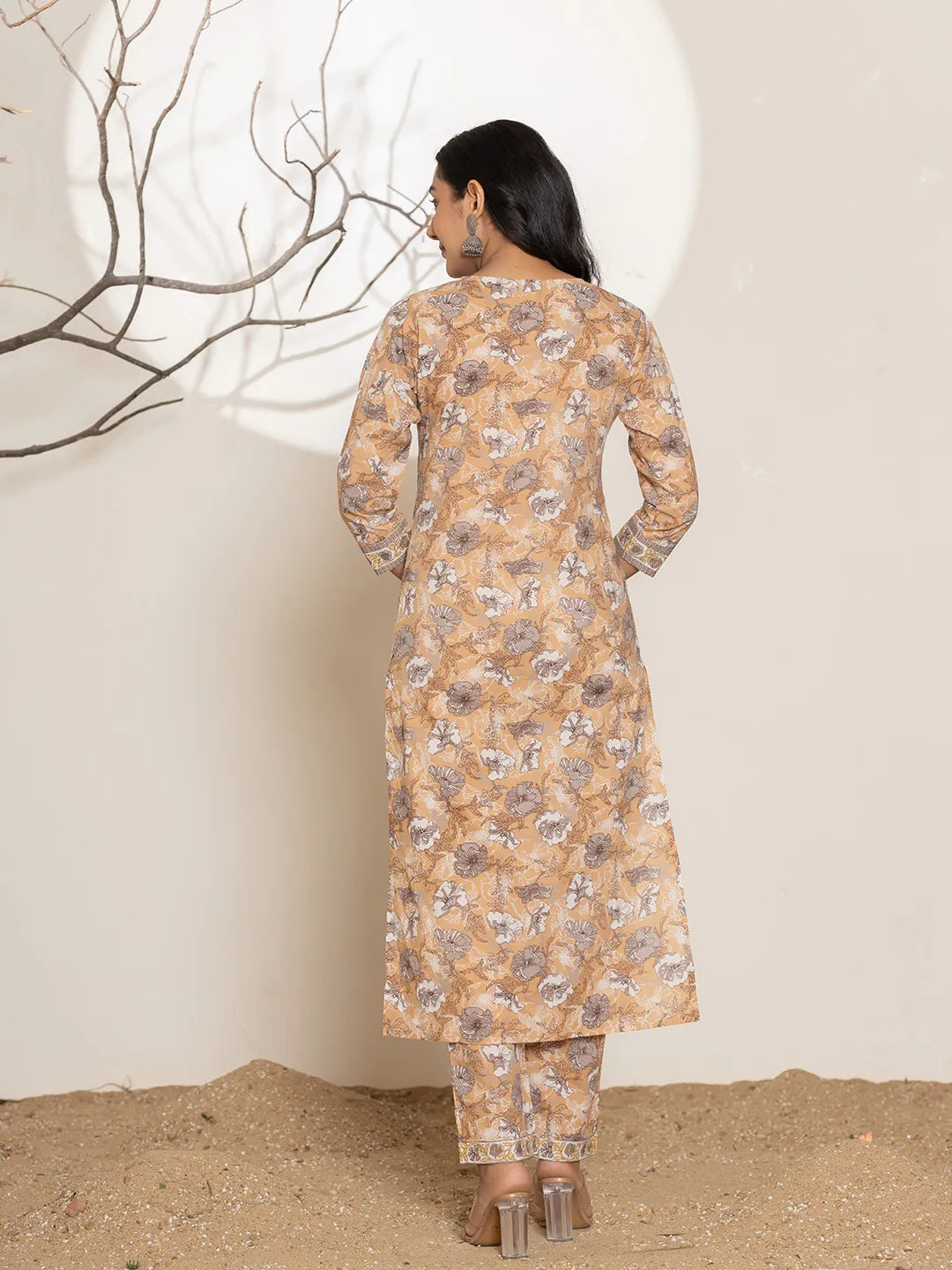 Yufta Mustard Floral Print Cotton Straight Kurta Dupatta Set