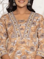 Thumbnail for Yufta Mustard Floral Print Cotton Straight Kurta Dupatta Set