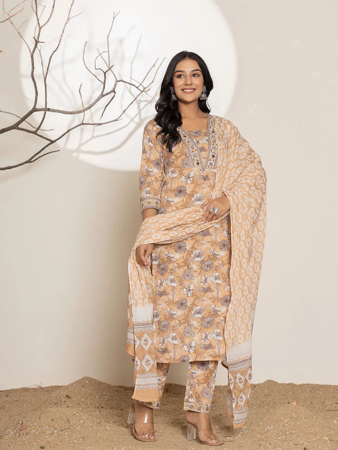 Yufta Mustard Floral Print Cotton Straight Kurta Dupatta Set