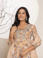 Thumbnail for Yufta Mustard Floral Print Cotton Straight Kurta Dupatta Set
