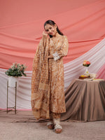 Thumbnail for Yufta Mustard Floral Print Cotton Straight Kurta Trouser Dupatta Set