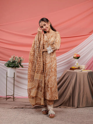 Yufta Mustard Floral Print Cotton Straight Kurta Trouser Dupatta Set - Distacart