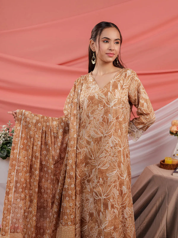 Yufta Mustard Floral Print Cotton Straight Kurta Trouser Dupatta Set