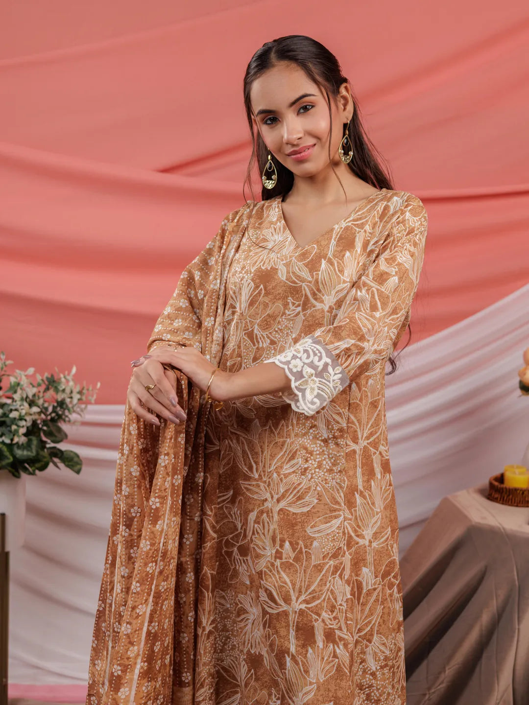 Yufta Mustard Floral Print Cotton Straight Kurta Trouser Dupatta Set