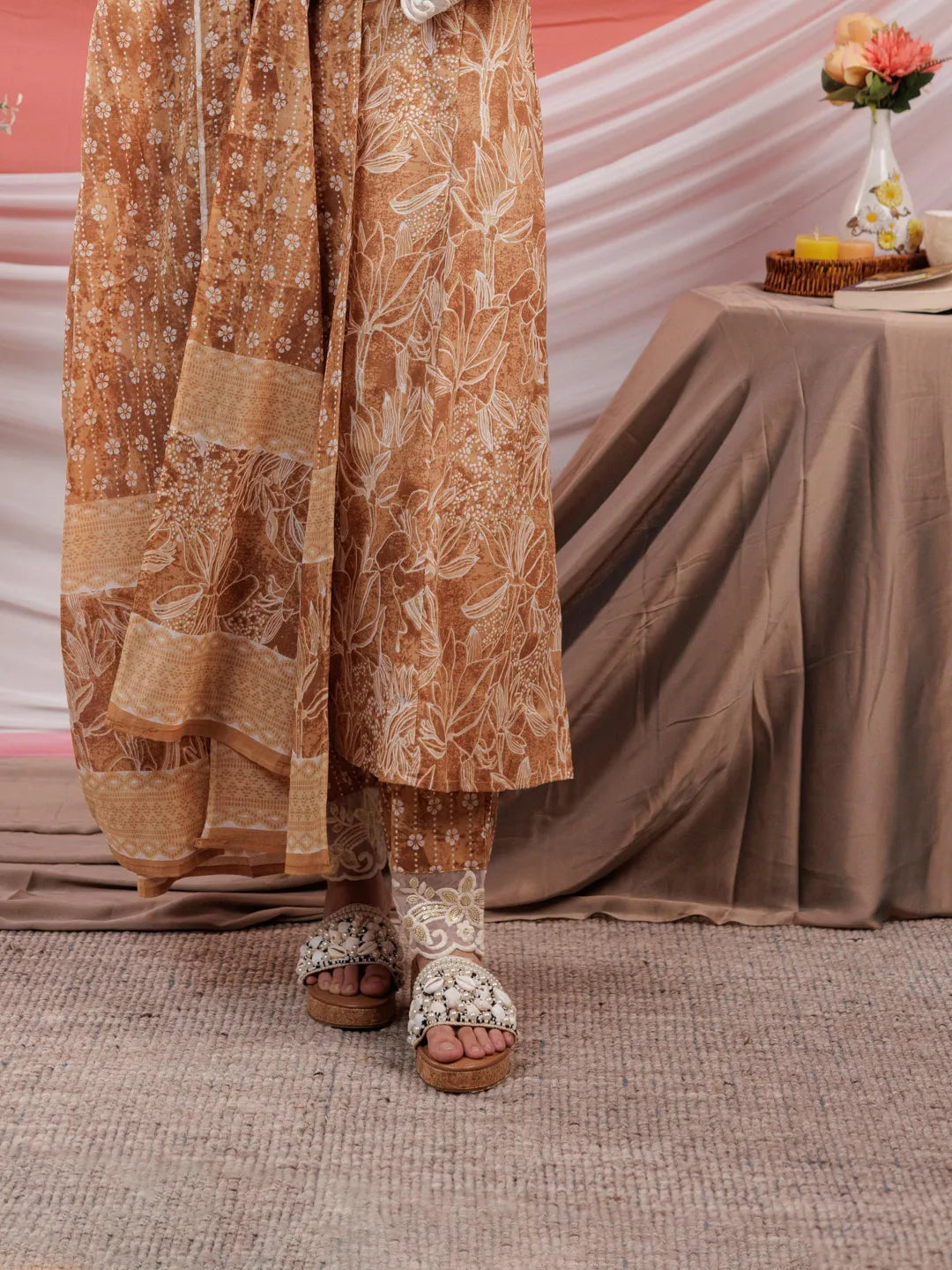 Yufta Mustard Floral Print Cotton Straight Kurta Trouser Dupatta Set