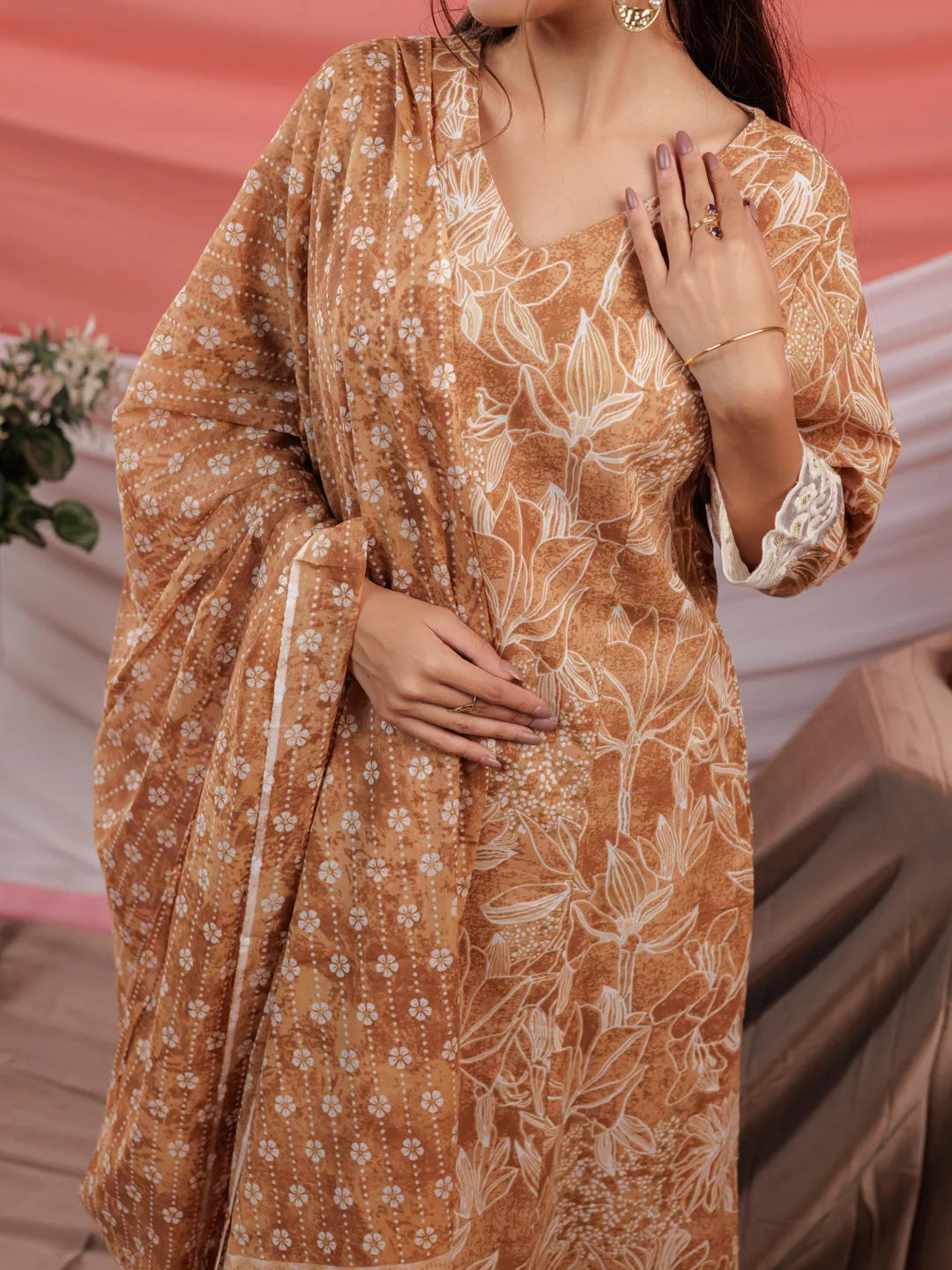 Yufta Mustard Floral Print Cotton Straight Kurta Trouser Dupatta Set