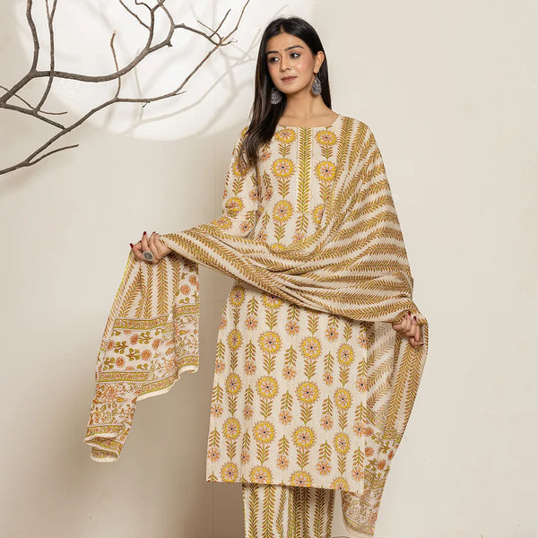 Yufta Mustard Floral Print Cotton Straight Kurta Dupatta Set - Distacart