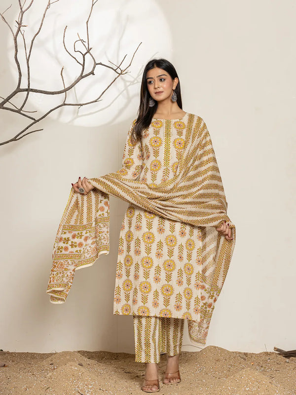 Yufta Mustard Floral Print Cotton Straight Kurta Dupatta Set