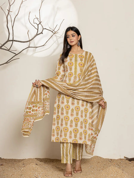 Yufta Mustard Floral Print Cotton Straight Kurta Dupatta Set