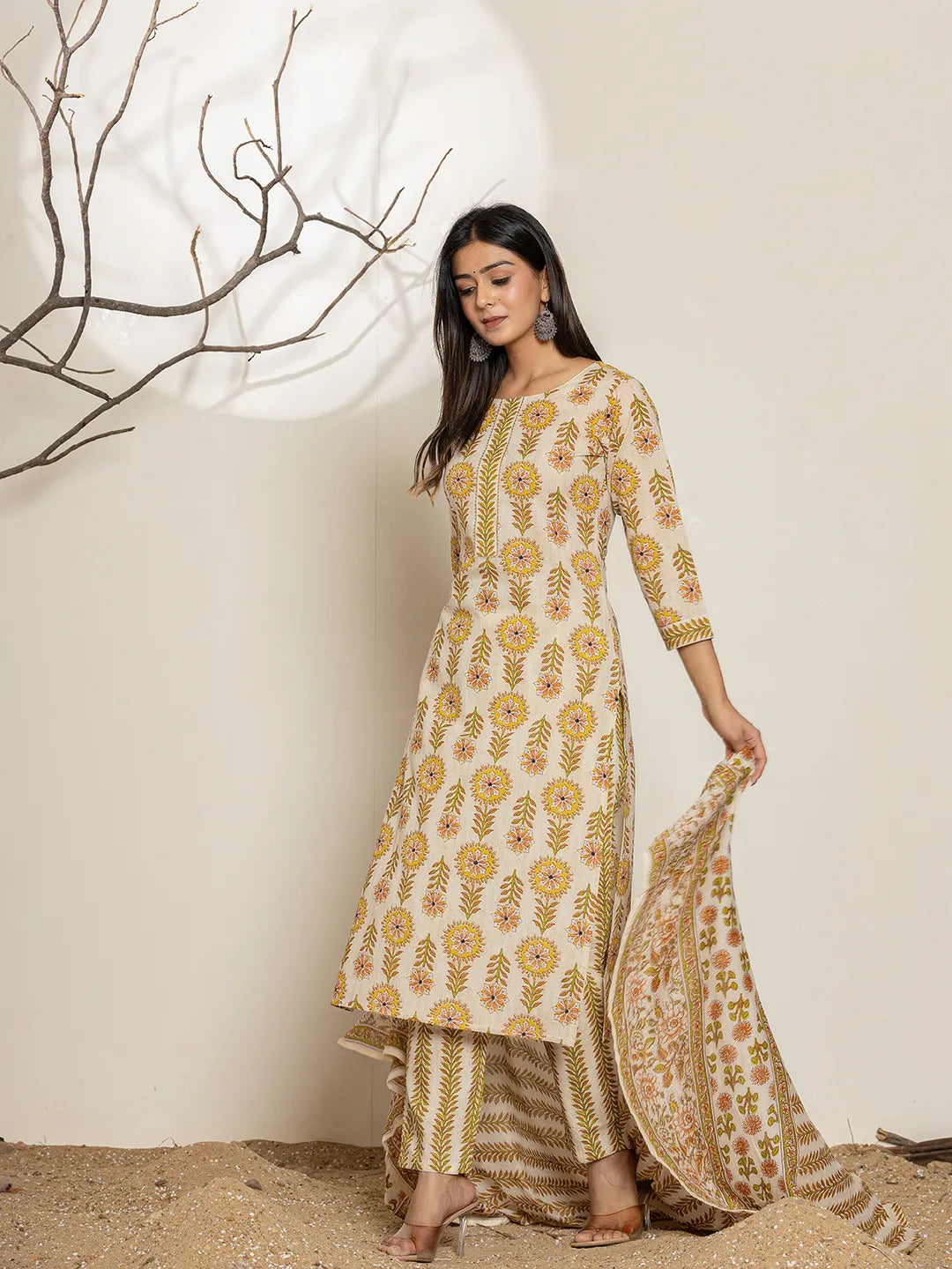 Yufta Mustard Floral Print Cotton Straight Kurta Dupatta Set - Distacart