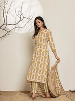 Thumbnail for Yufta Mustard Floral Print Cotton Straight Kurta Dupatta Set