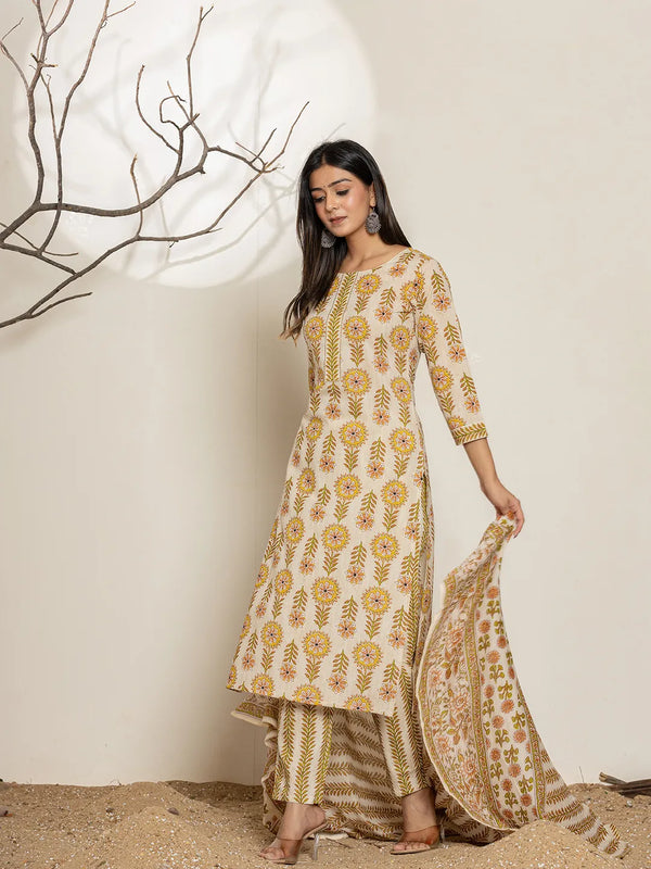 Yufta Mustard Floral Print Cotton Straight Kurta Dupatta Set