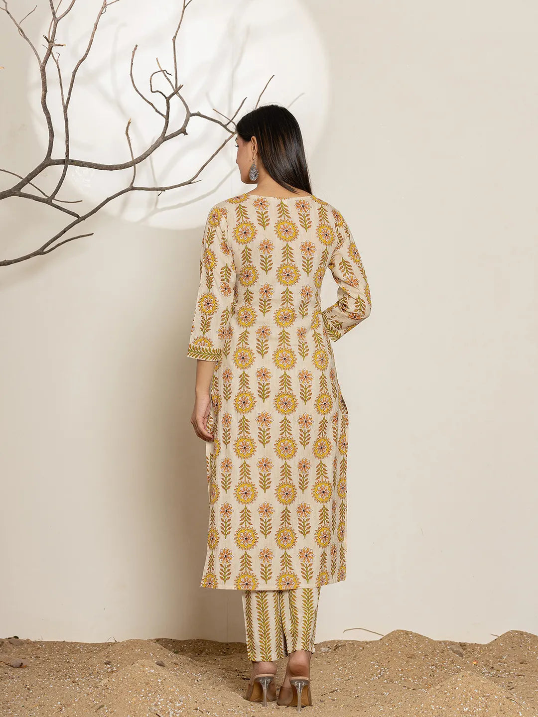 Yufta Mustard Floral Print Cotton Straight Kurta Dupatta Set