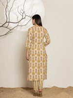 Thumbnail for Yufta Mustard Floral Print Cotton Straight Kurta Dupatta Set