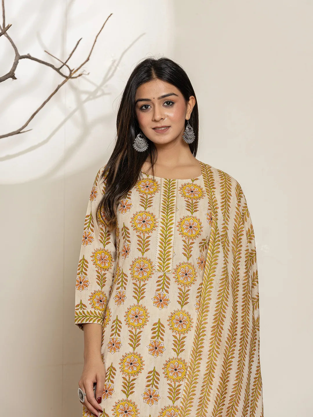 Yufta Mustard Floral Print Cotton Straight Kurta Dupatta Set