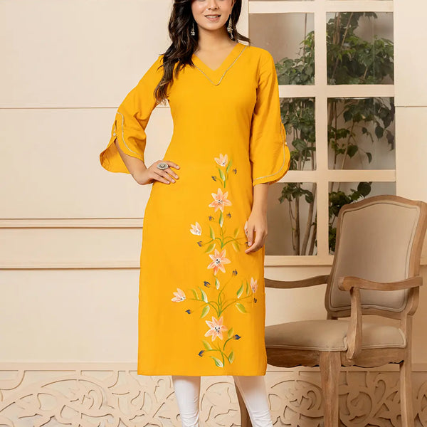 Yufta Mustard Hand Painted Straight Kurta - Distacart