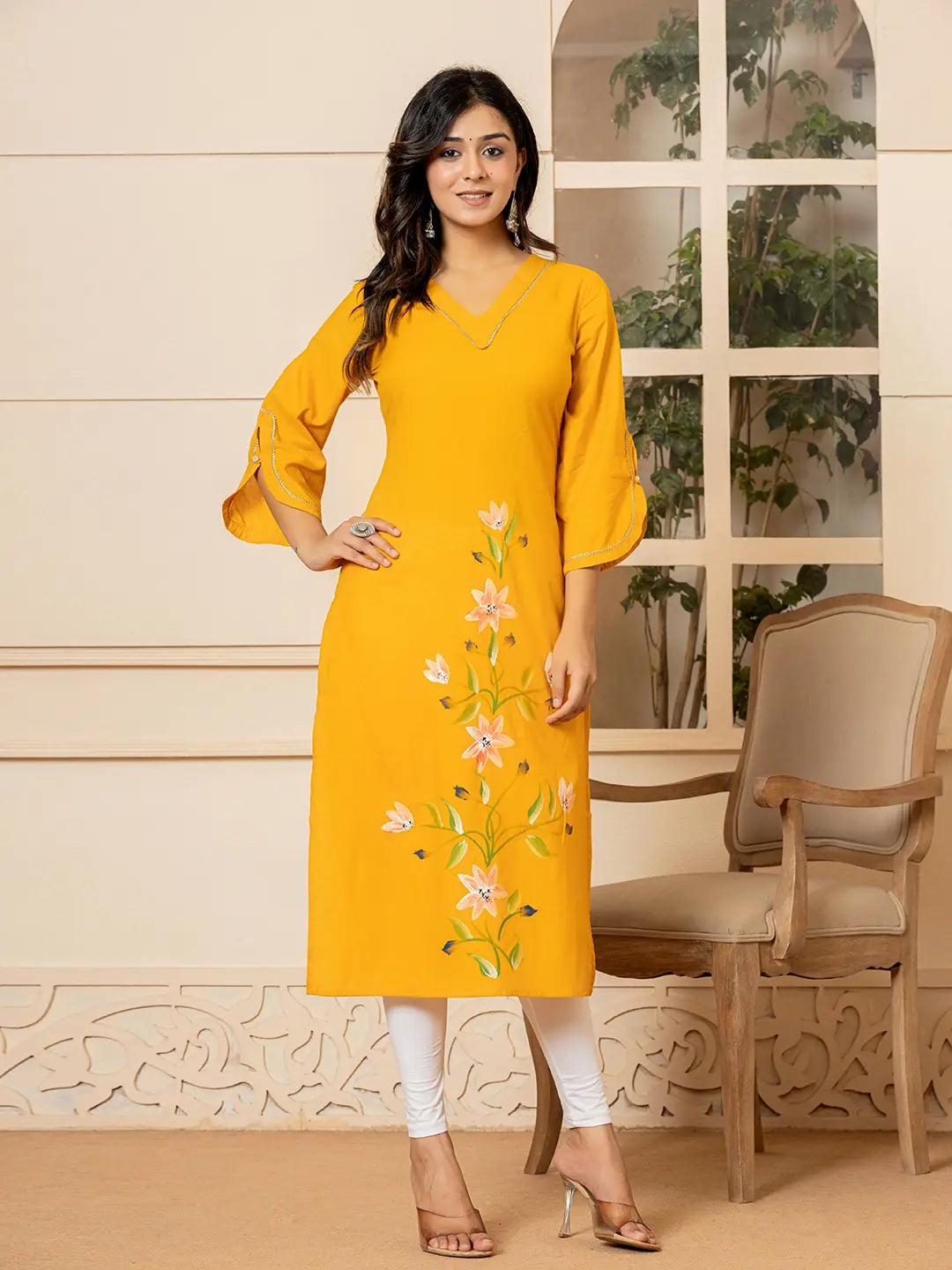 Yufta Mustard Hand Painted Straight Kurta - Distacart