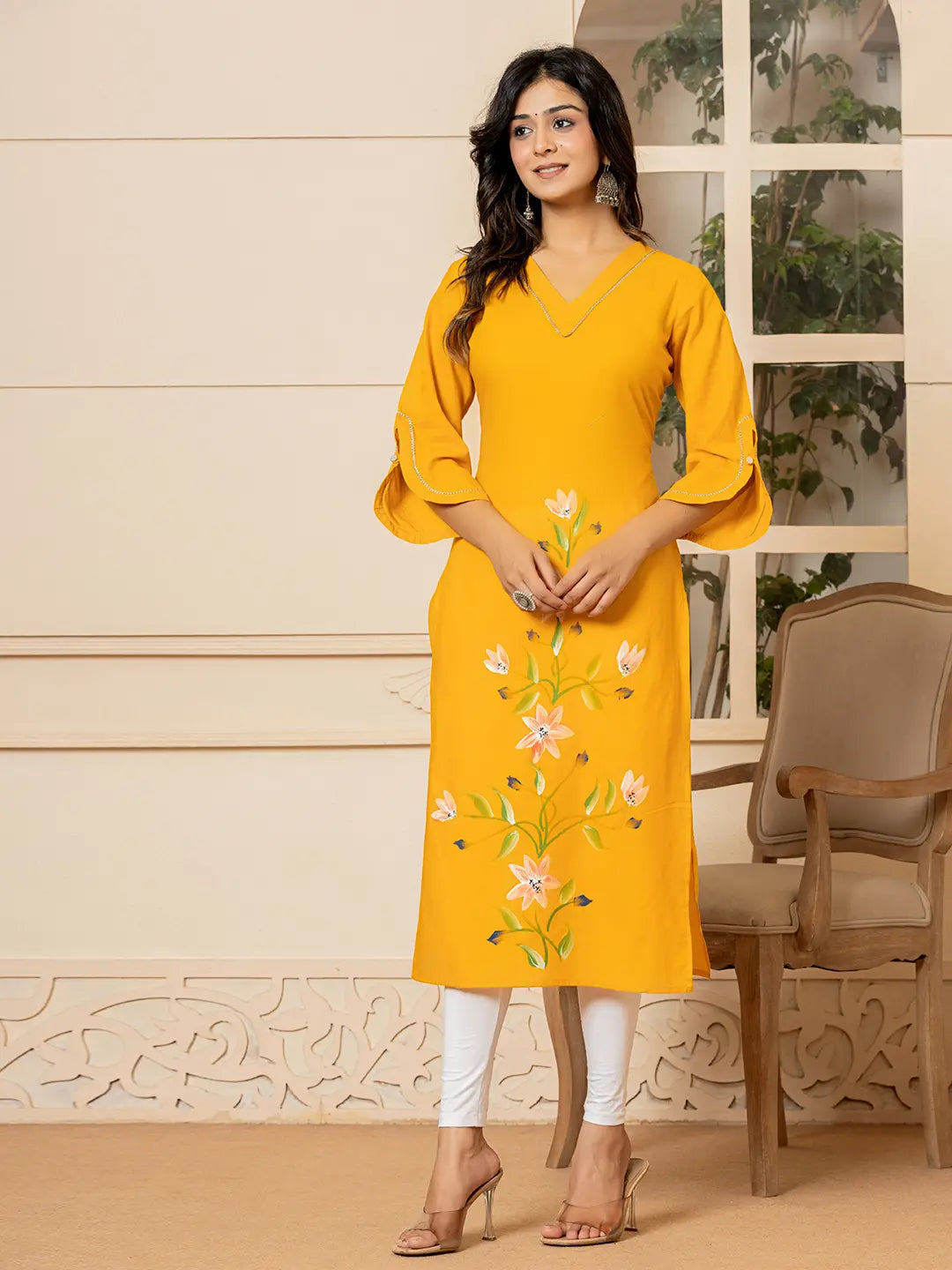 Yufta Mustard Hand Painted Straight Kurta - Distacart