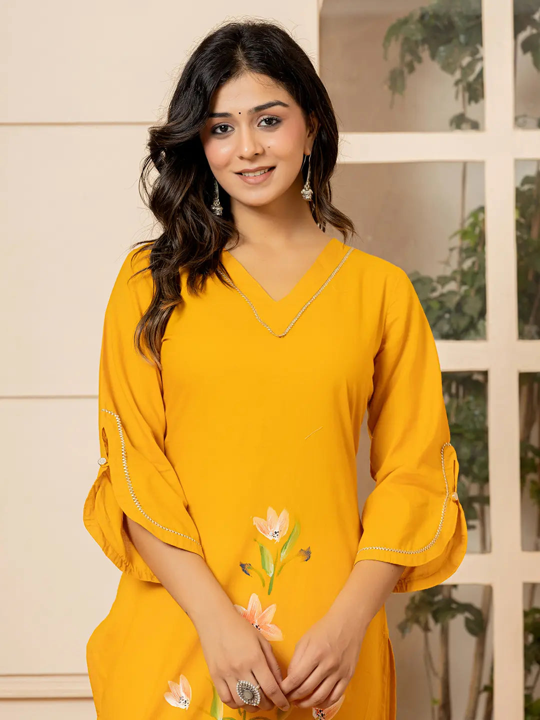 Yufta Mustard Hand Painted Straight Kurta - Distacart
