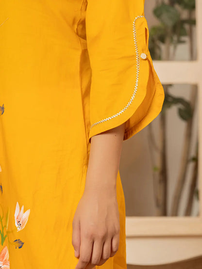 Yufta Mustard Hand Painted Straight Kurta - Distacart