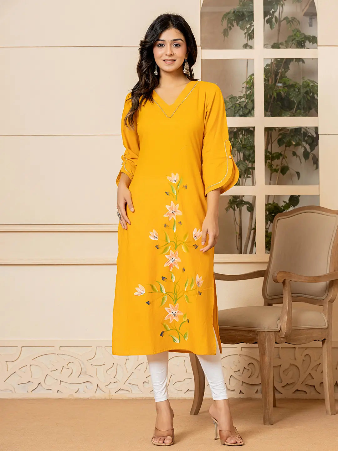 Yufta Mustard Hand Painted Straight Kurta - Distacart
